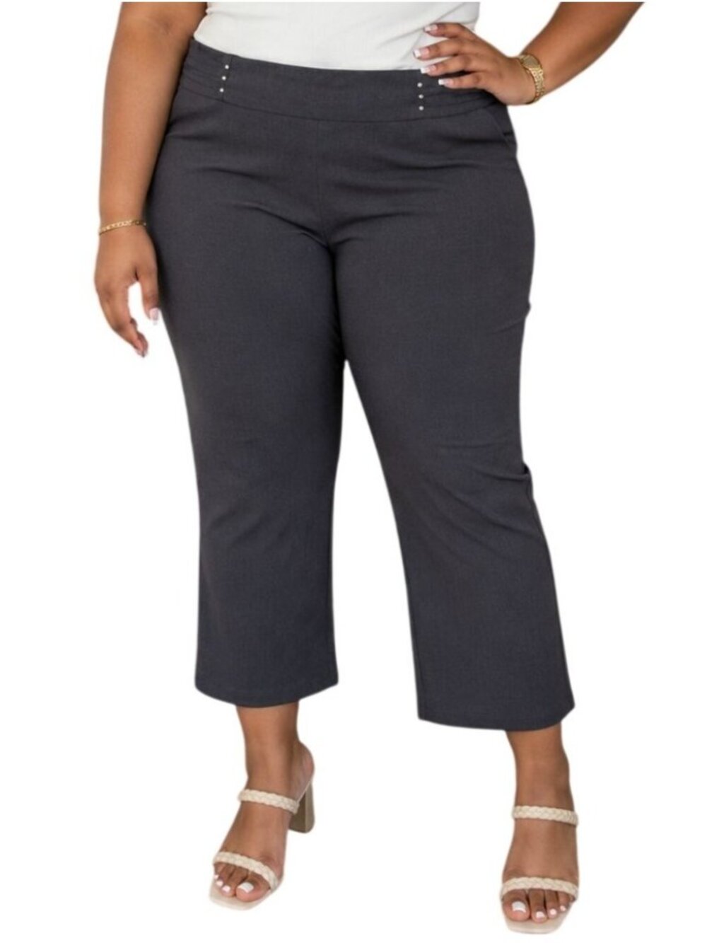 JM Collection Plus Size 14W Pants Gray Cropped Pull-On Capri Style Stud Accents